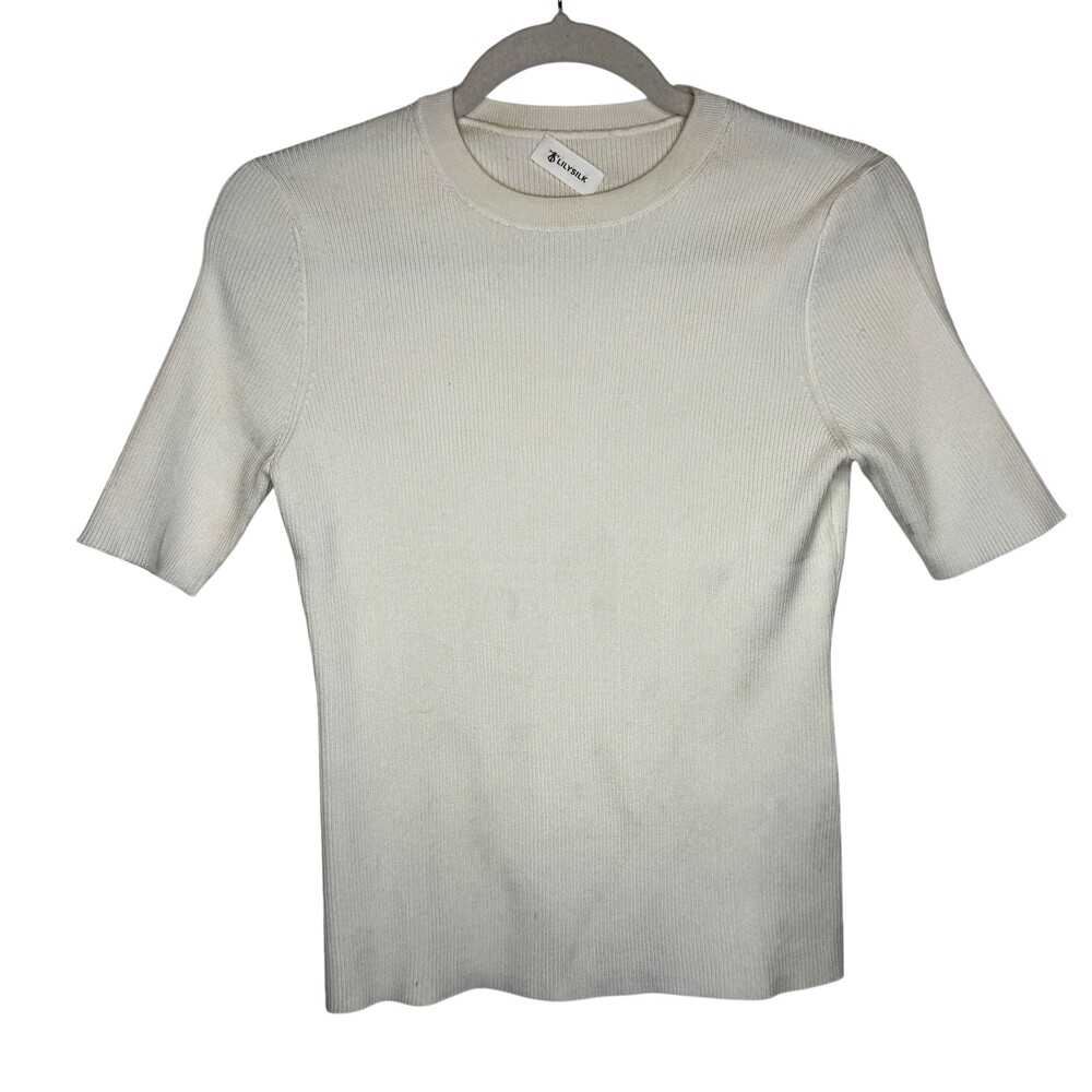 LILYSILK Shirt Womens Small White Silk Nylon Ribbed Knit Short Sleeve Tee Top